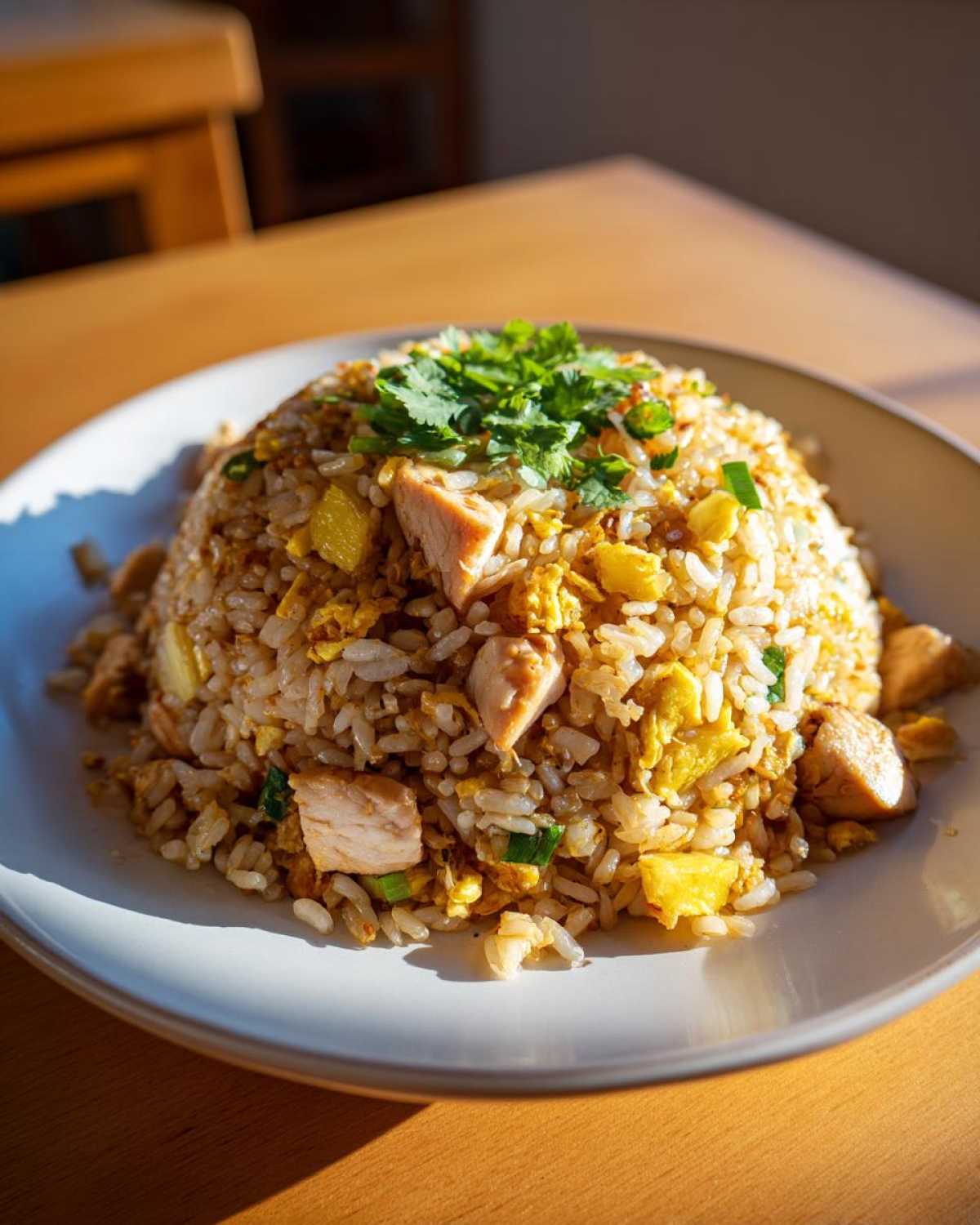 A mound of golden pineapple fried rice mixed with chicken and egg, topped with fresh cilantro.