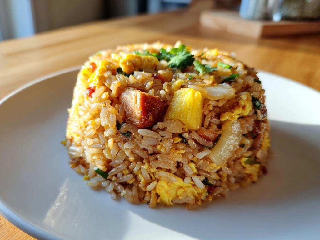 A mound of golden brown pineapple fried rice, featuring visible chunks of pineapple, egg, and meat, garnished with cilantro.
