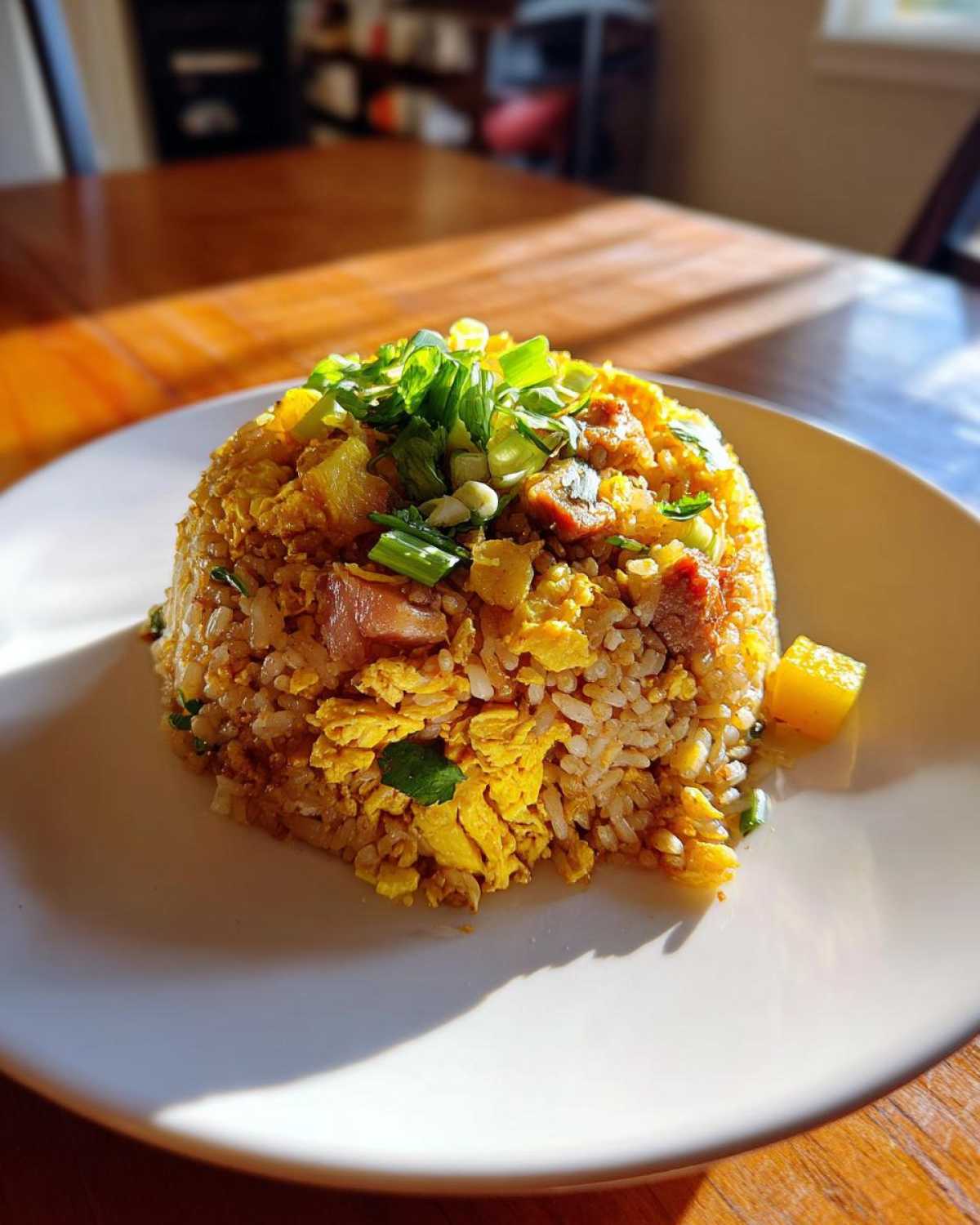 A mound of golden pineapple fried rice topped with green onions, served on a white plate.