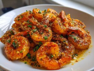 Close-up of succulent, bright orange Cajun shrimp coated in spices and butter sauce, garnished with fresh parsley.