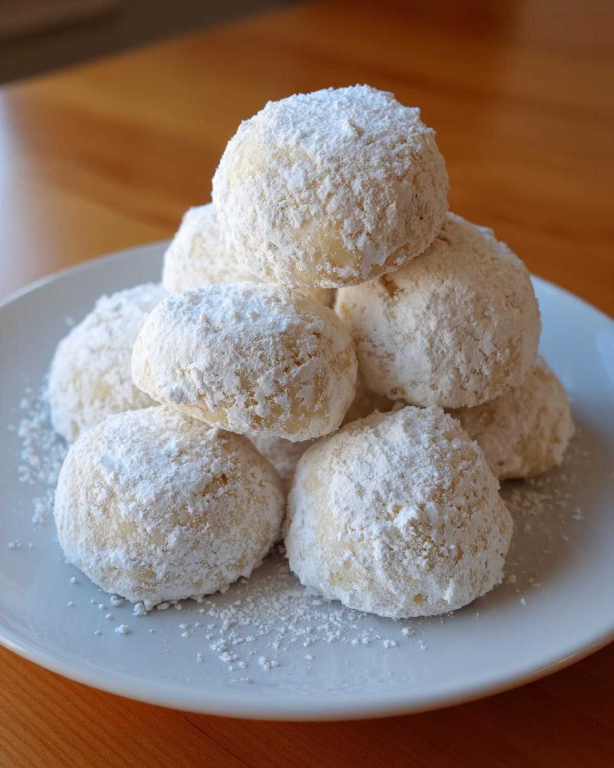 A mound of freshly baked russian tea cakes generously coated in powdered sugar, stacked on a white plate.