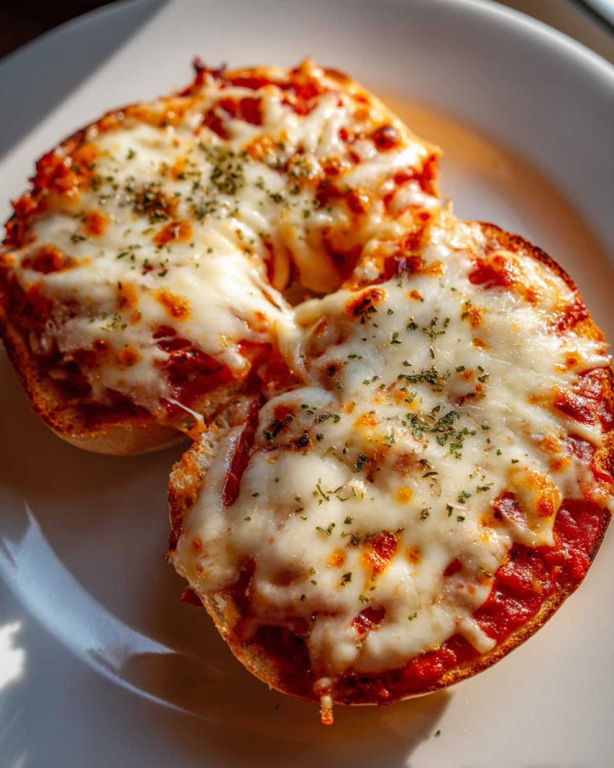 Close-up of two halves of freshly made pizza bagels topped with melted mozzarella cheese and herbs.