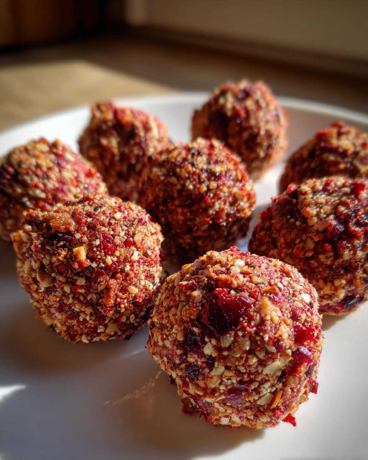 A close-up of several red, nut-coated goat cheese balls arranged on a white plate in bright sunlight.