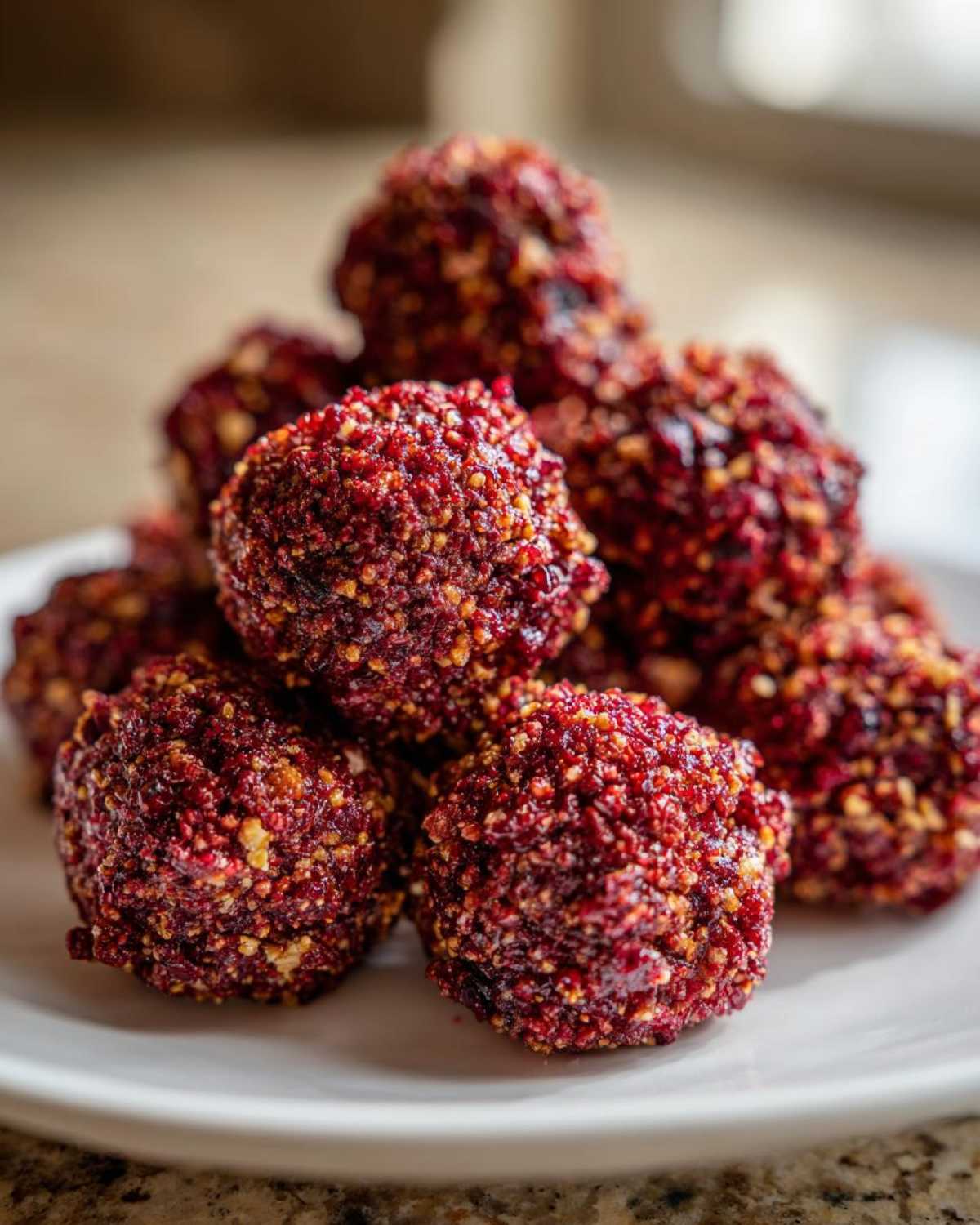 A close-up of several vibrant, deep red, textured goat cheese balls piled on a white plate.