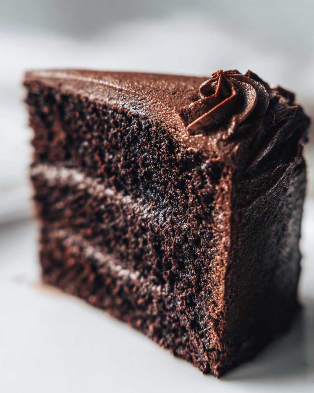 Close-up of a moist, dark slice of chocolate cake recipe, showing layers and piped frosting.