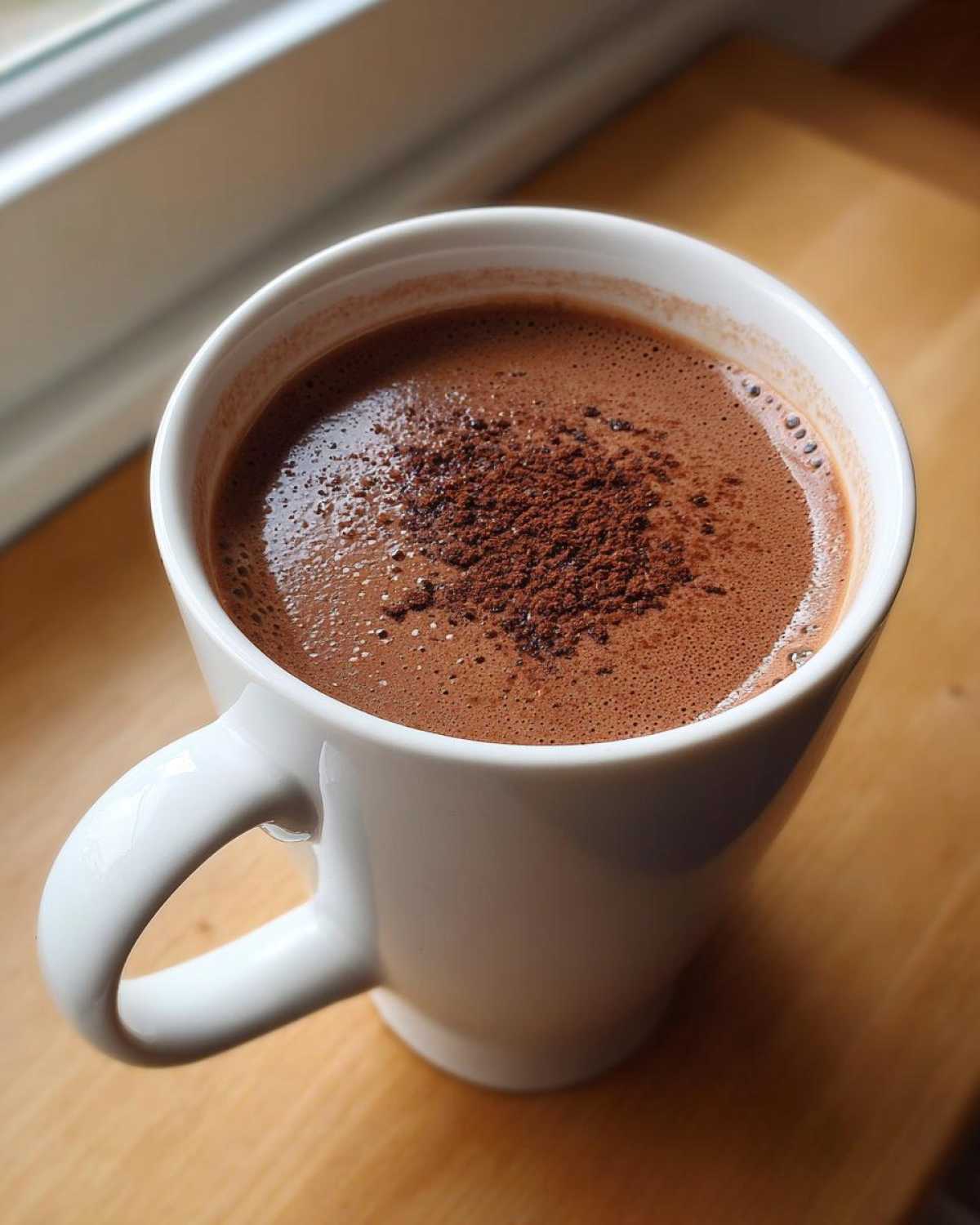 Close-up of a steaming mug of rich hot chocolate topped with cocoa powder, sitting on a wooden surface.