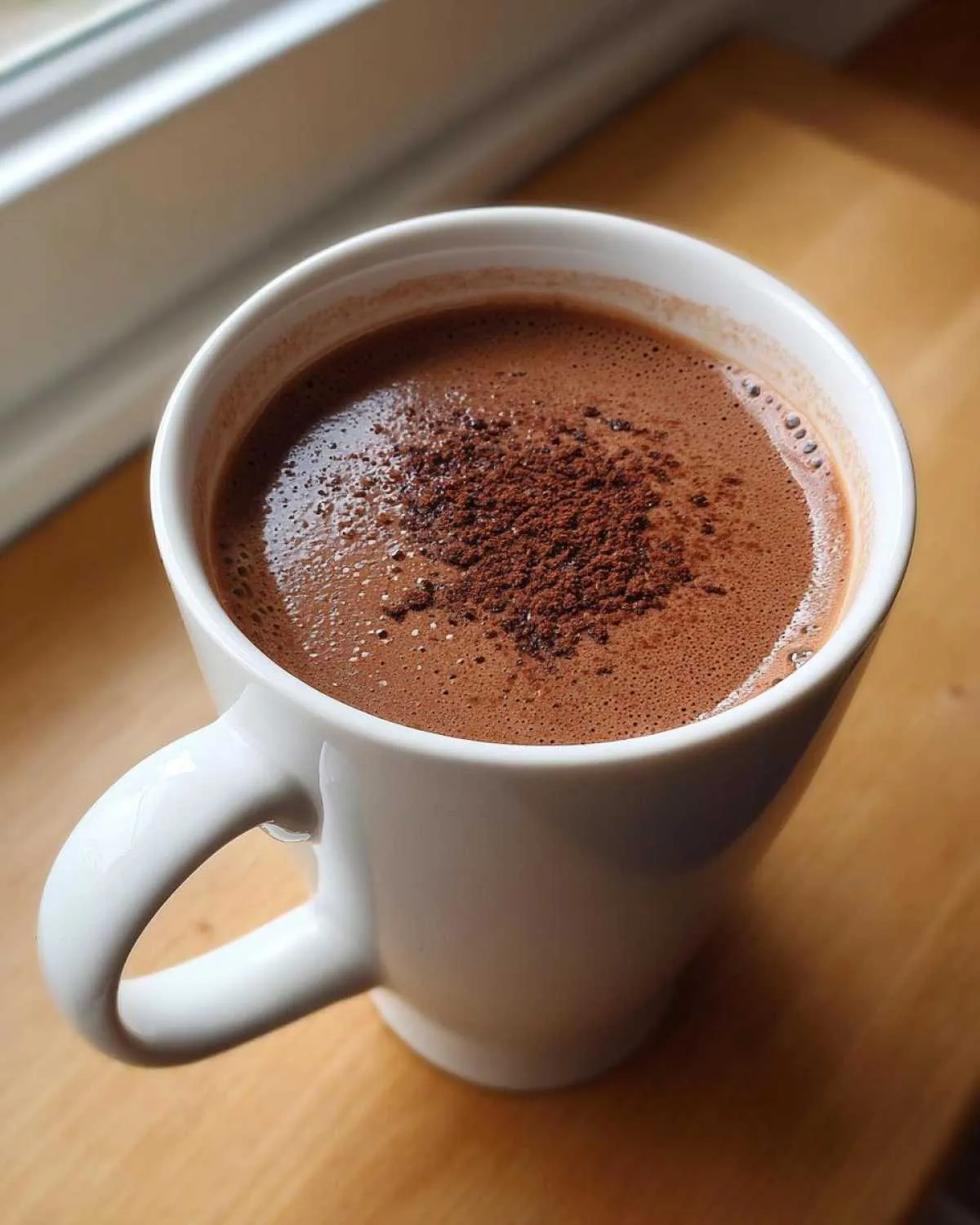 Close-up of a steaming mug of rich hot chocolate topped with cocoa powder, sitting on a wooden surface.