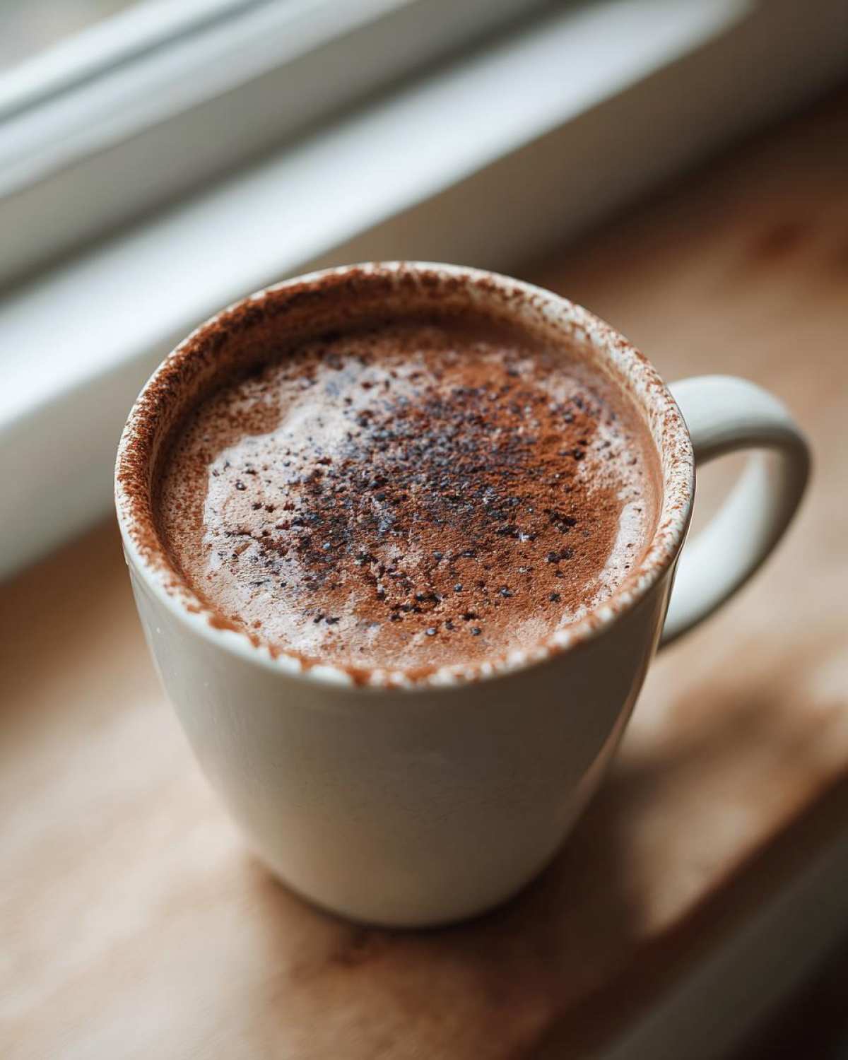 A creamy mug of rich hot chocolate topped with a dusting of cocoa powder, sitting by a window.