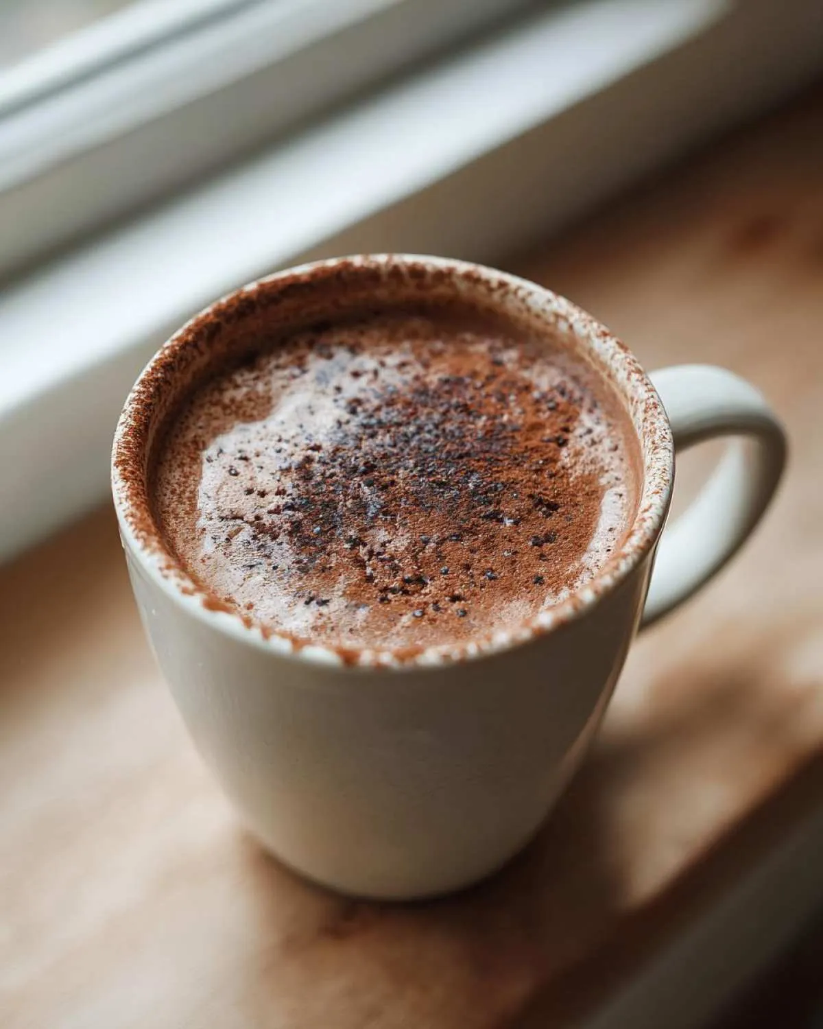 A creamy mug of rich hot chocolate topped with a dusting of cocoa powder, sitting by a window.