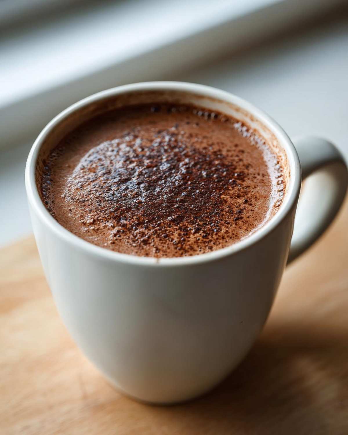 A close-up view of rich, frothy hot chocolate dusted with cocoa powder in a white mug.