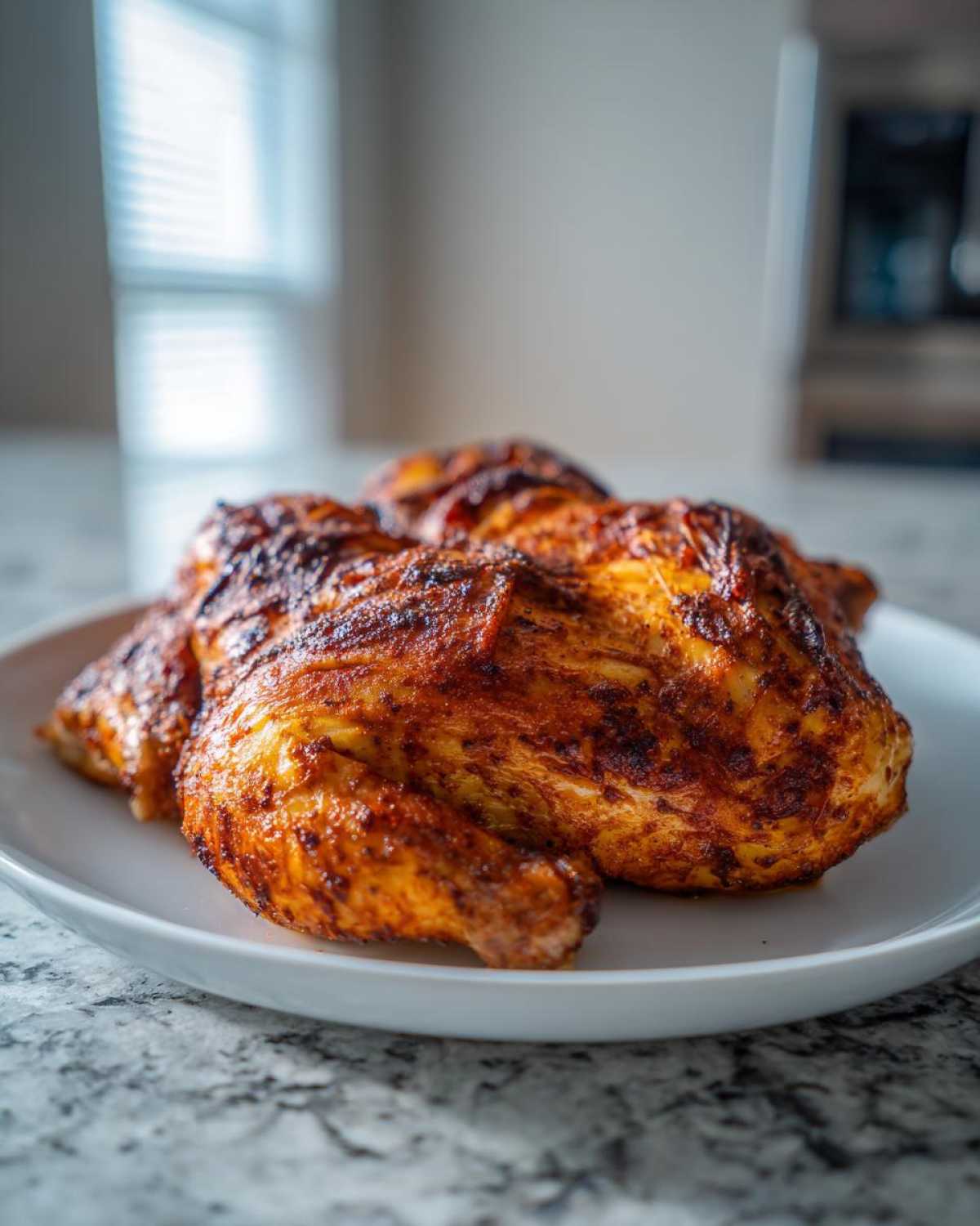 A whole, beautifully roasted spatchcock chicken with dark, crispy, seasoned skin resting on a white platter.
