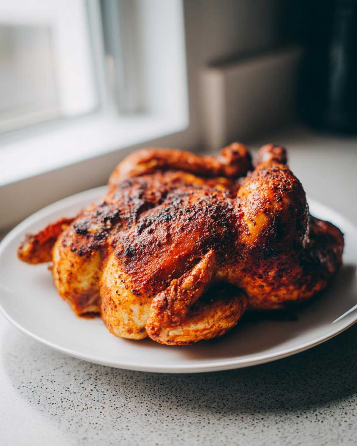 A beautifully roasted, seasoned spatchcock chicken resting on a white plate indoors.