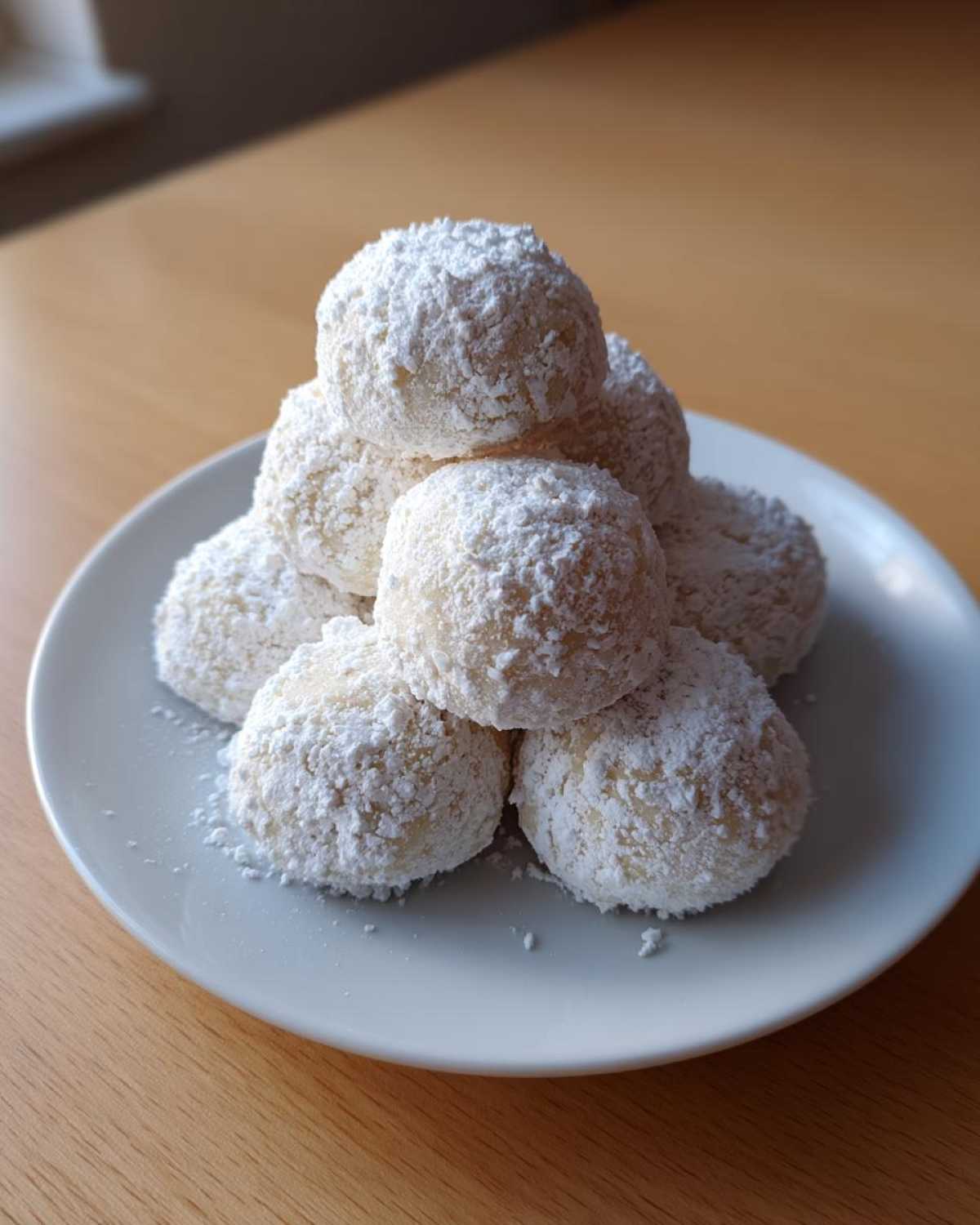 A mound of freshly baked Russian tea cakes heavily dusted with powdered sugar, resting on a light gray plate.