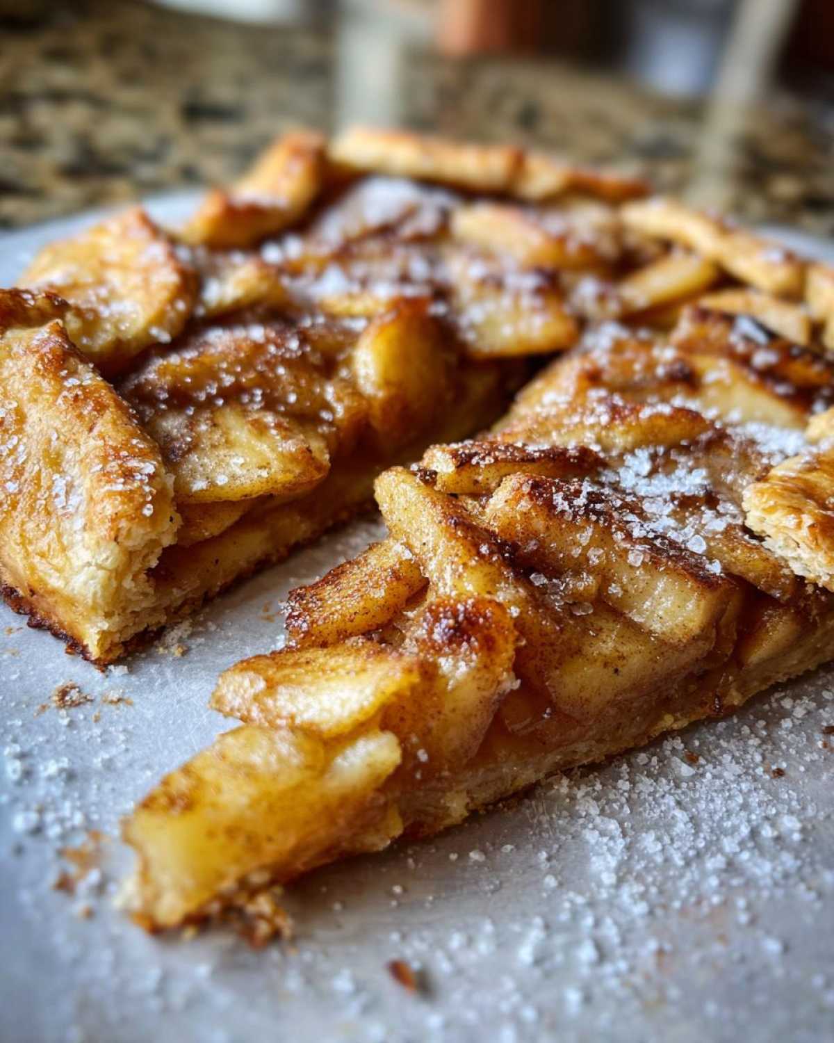 Close-up of a freshly baked apple galette, sliced and sprinkled with coarse sugar.