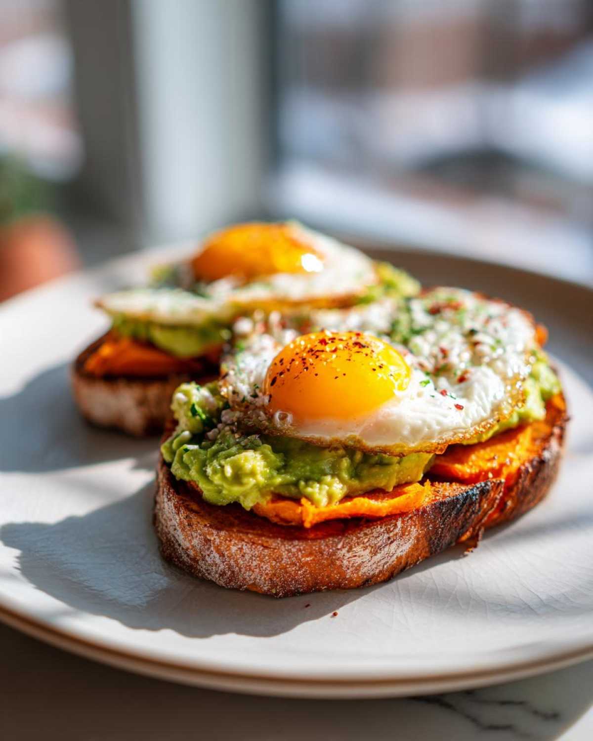 Two slices of sweet potato toast topped with mashed avocado and a sunny-side-up egg, seasoned with spices.