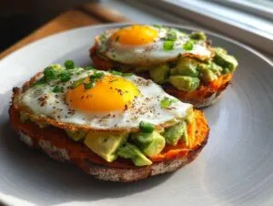 Two slices of savory sweet potato toast topped with mashed avocado, a fried egg, and green onions.