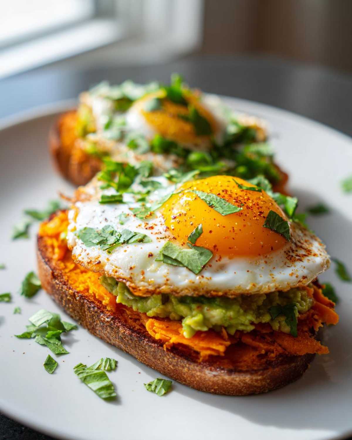 Close-up of savory sweet potato toast topped with mashed avocado, a sunny-side-up egg, and fresh herbs.