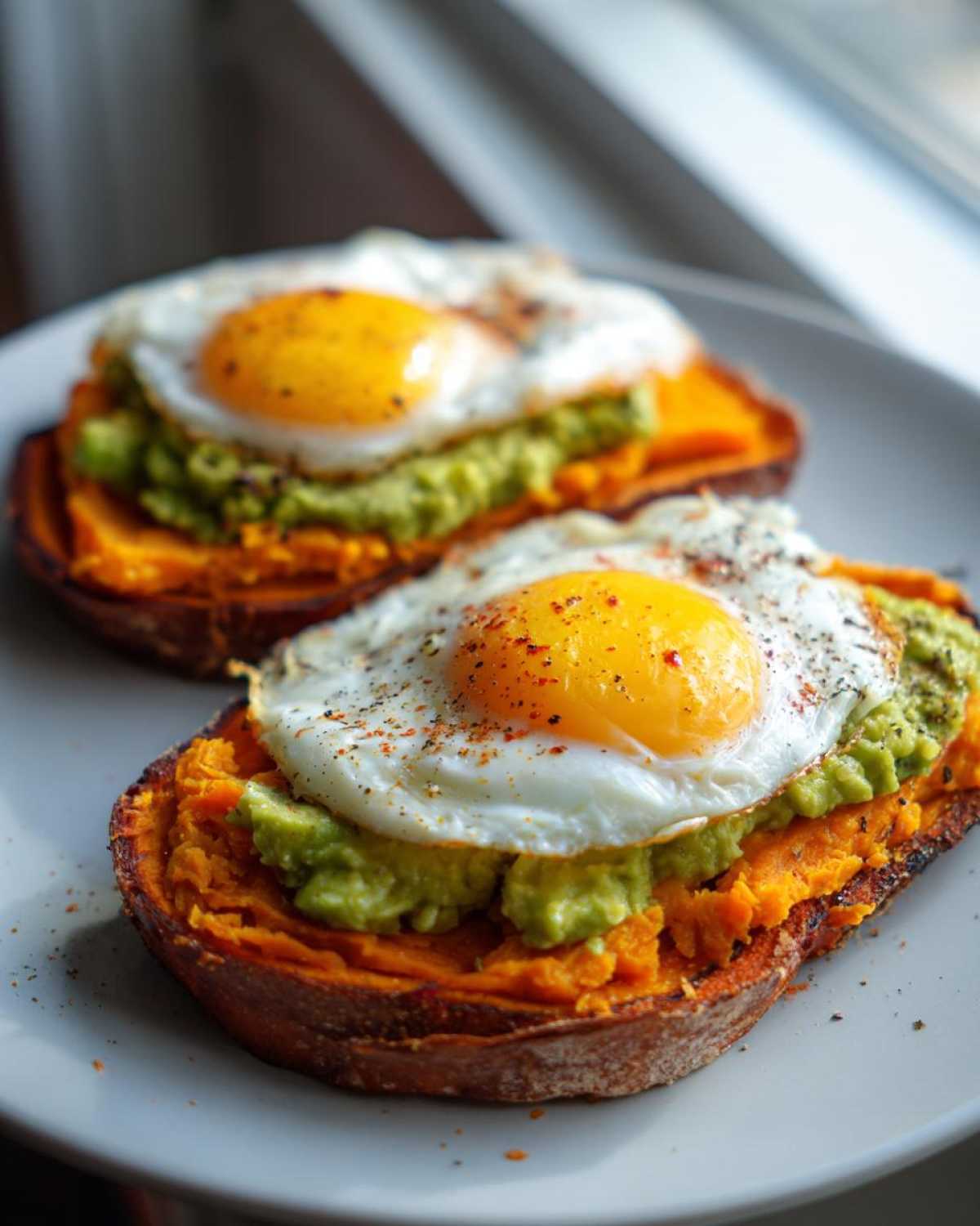 Two slices of savory sweet potato toast topped with mashed sweet potato, avocado mash, and a sunny-side-up fried egg.