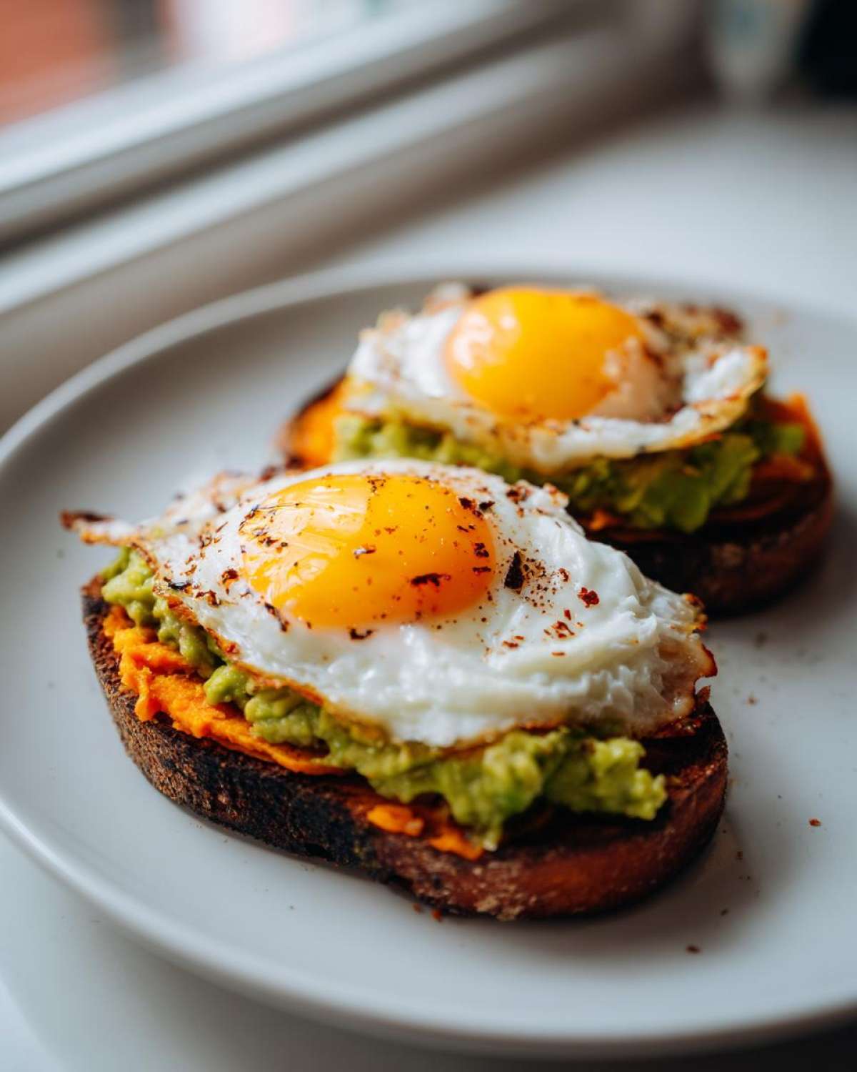 Two slices of savory sweet potato toast topped with mashed avocado and a sunny-side-up fried egg.