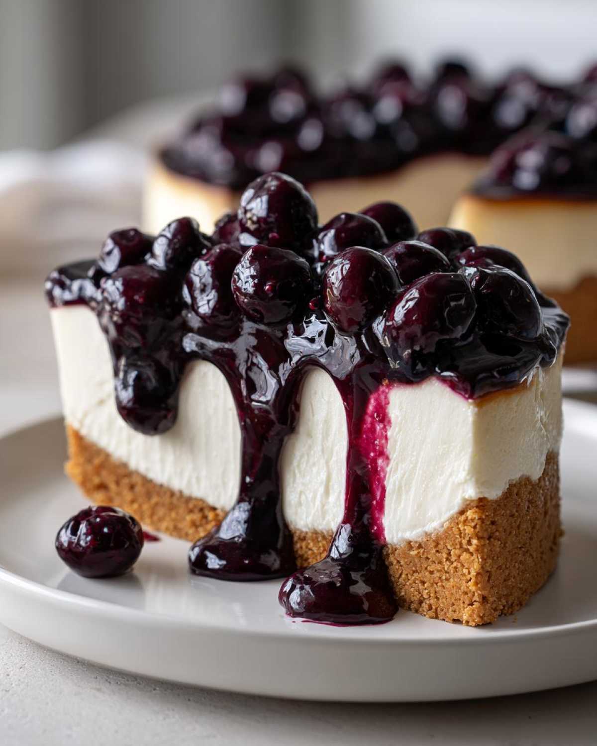 Close-up of a rich slice of blueberry cheesecake with thick, glossy blueberry topping dripping down the sides.