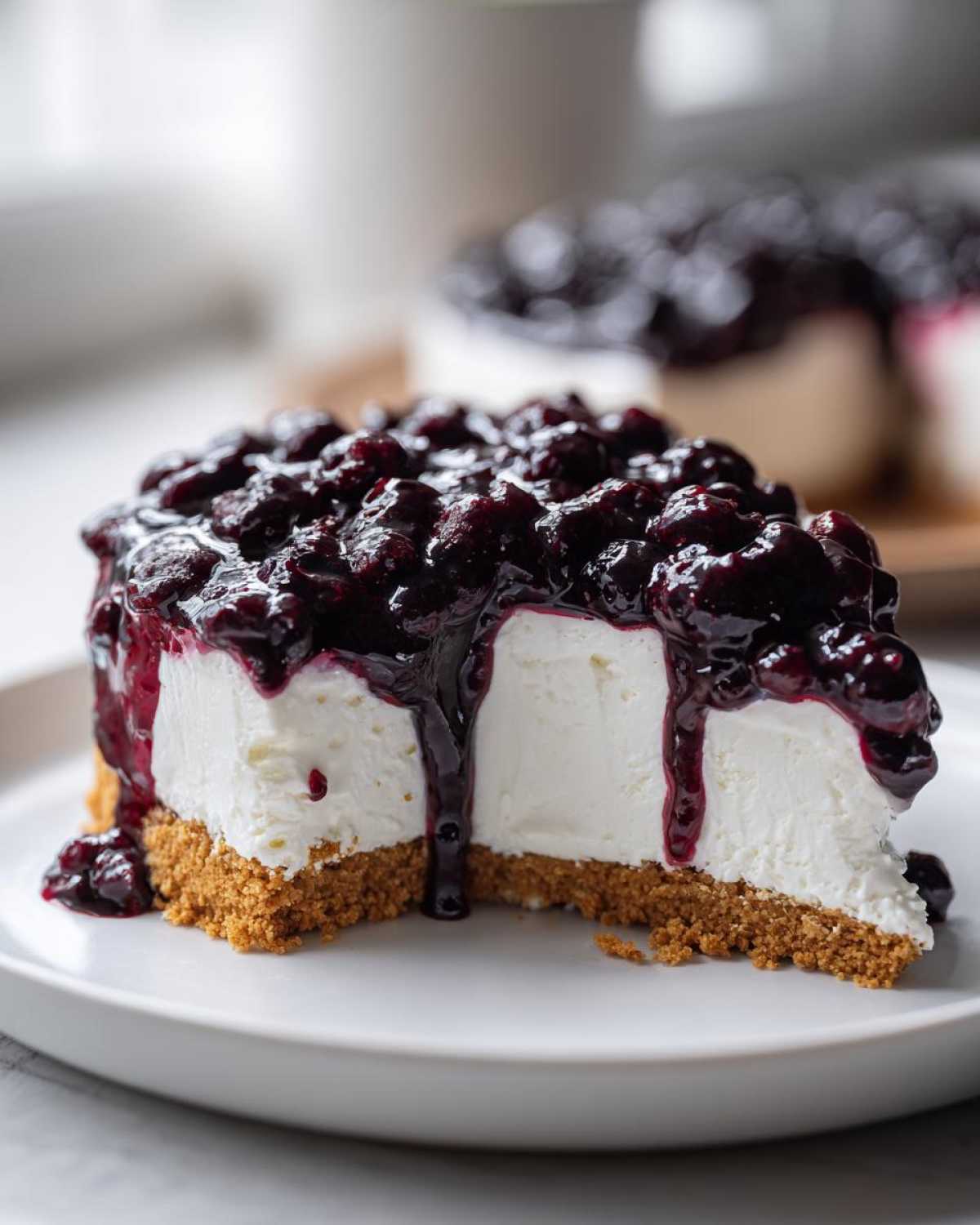 A close-up of a rich slice of blueberry cheesecake with a thick graham cracker crust and dripping blueberry topping.