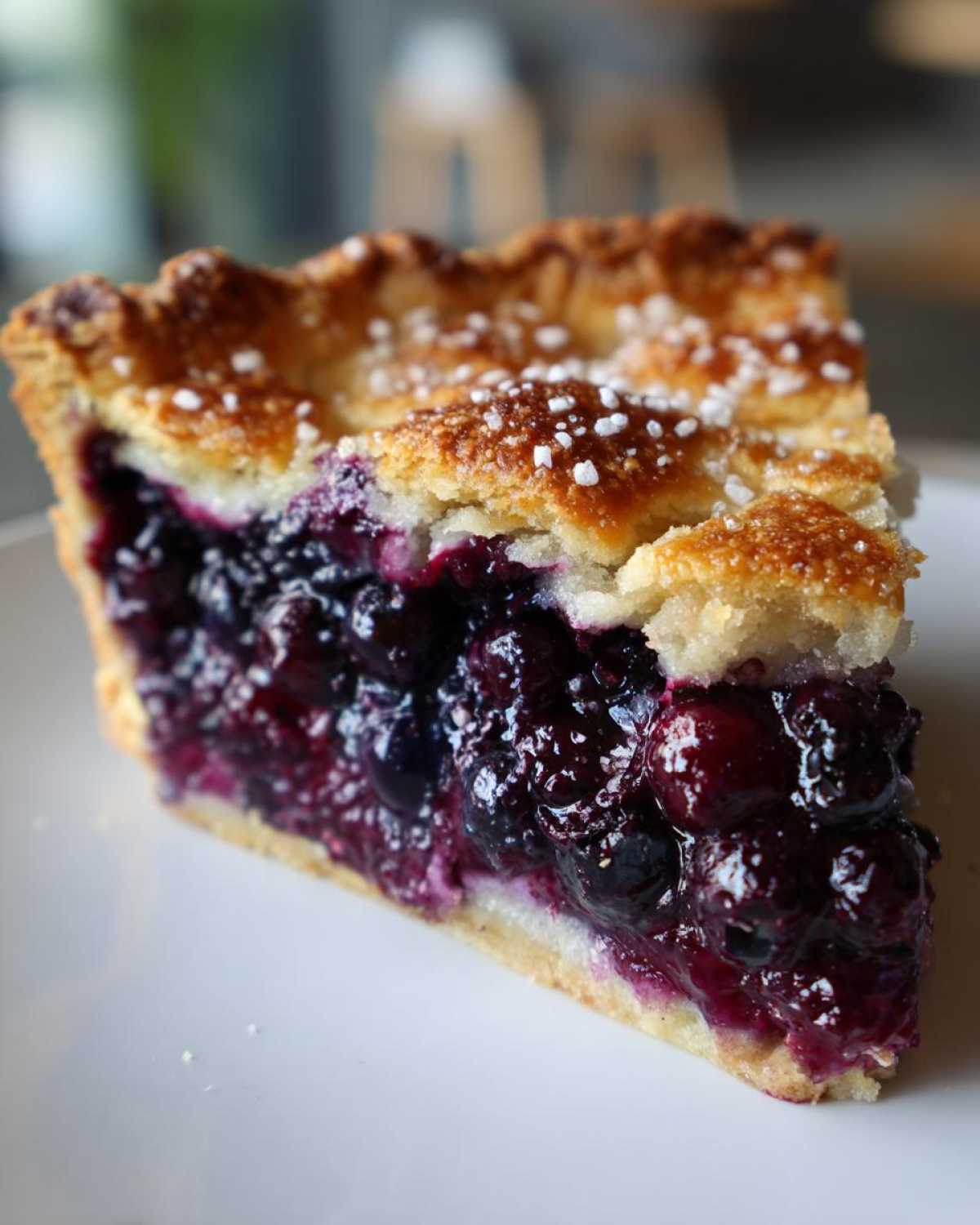 Close-up of a thick slice of blueberry pie recipe showing a juicy, deep purple filling and golden lattice crust sprinkled with sugar.
