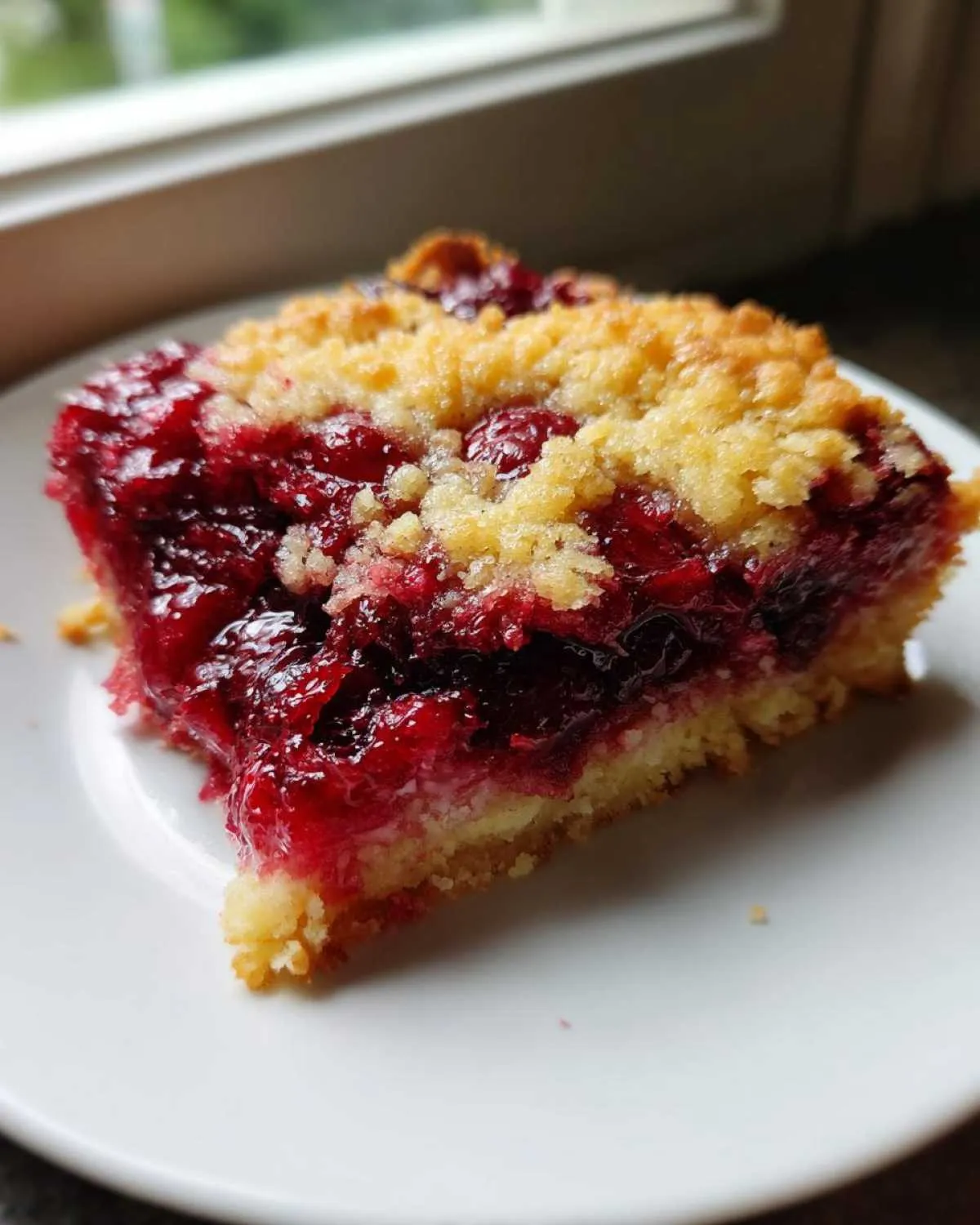 Close-up of a square slice of cherry dump cake with a thick, bright red cherry filling and a golden crumble topping.