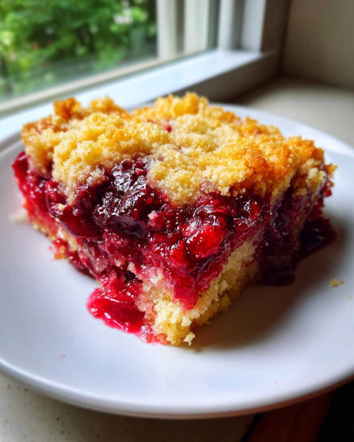 Close-up of a moist slice of cherry dump cake with a golden, crumbly topping on a white plate.