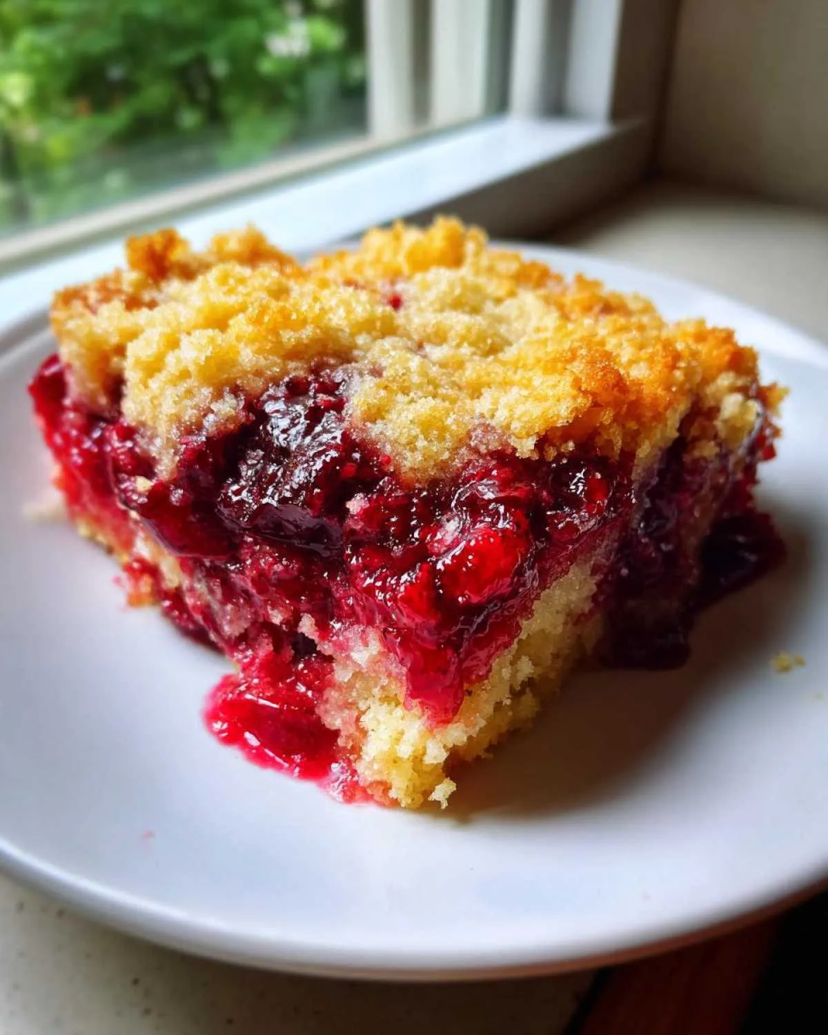 Close-up of a moist slice of cherry dump cake with a golden, crumbly topping on a white plate.