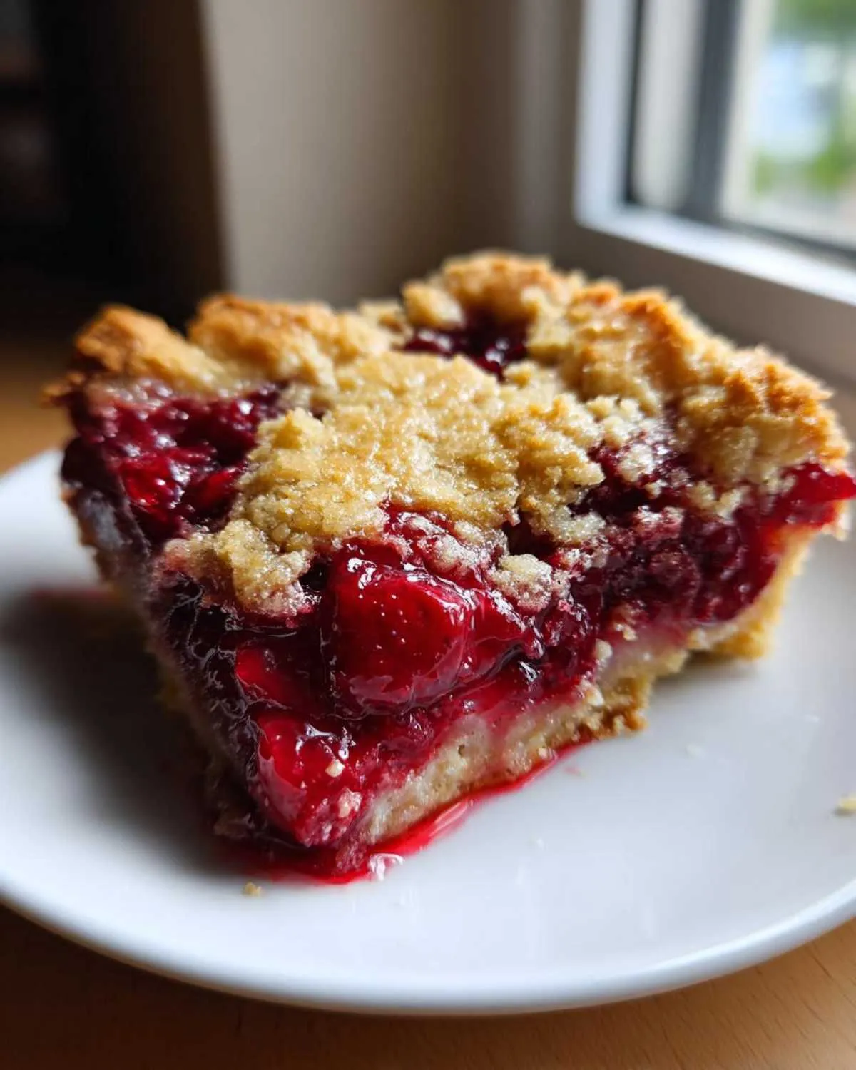 A close-up of a moist slice of cherry dump cake with a golden crumb topping served on a white plate.
