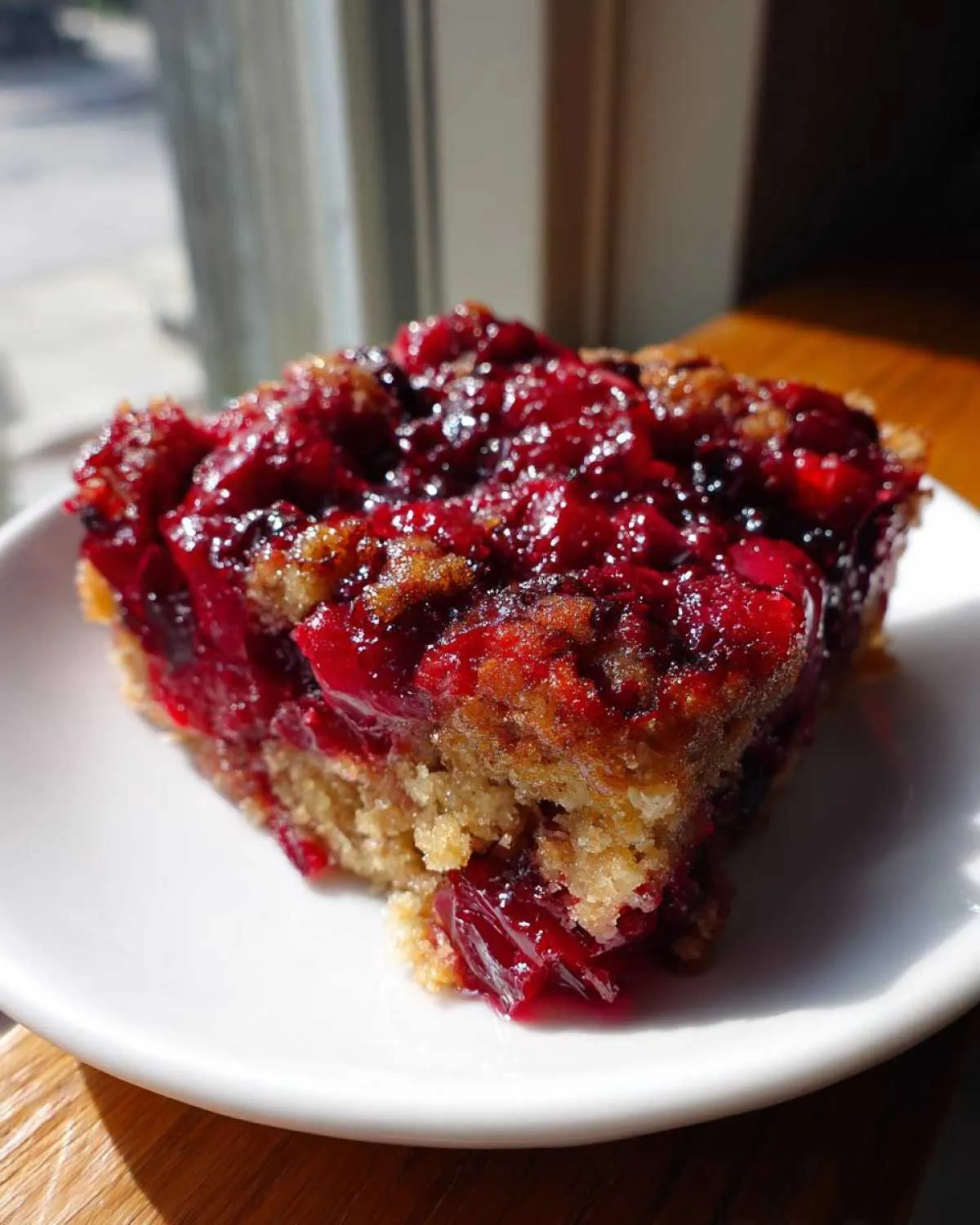 A square slice of rich, juicy cherry dump cake with a crumbly topping on a white plate.