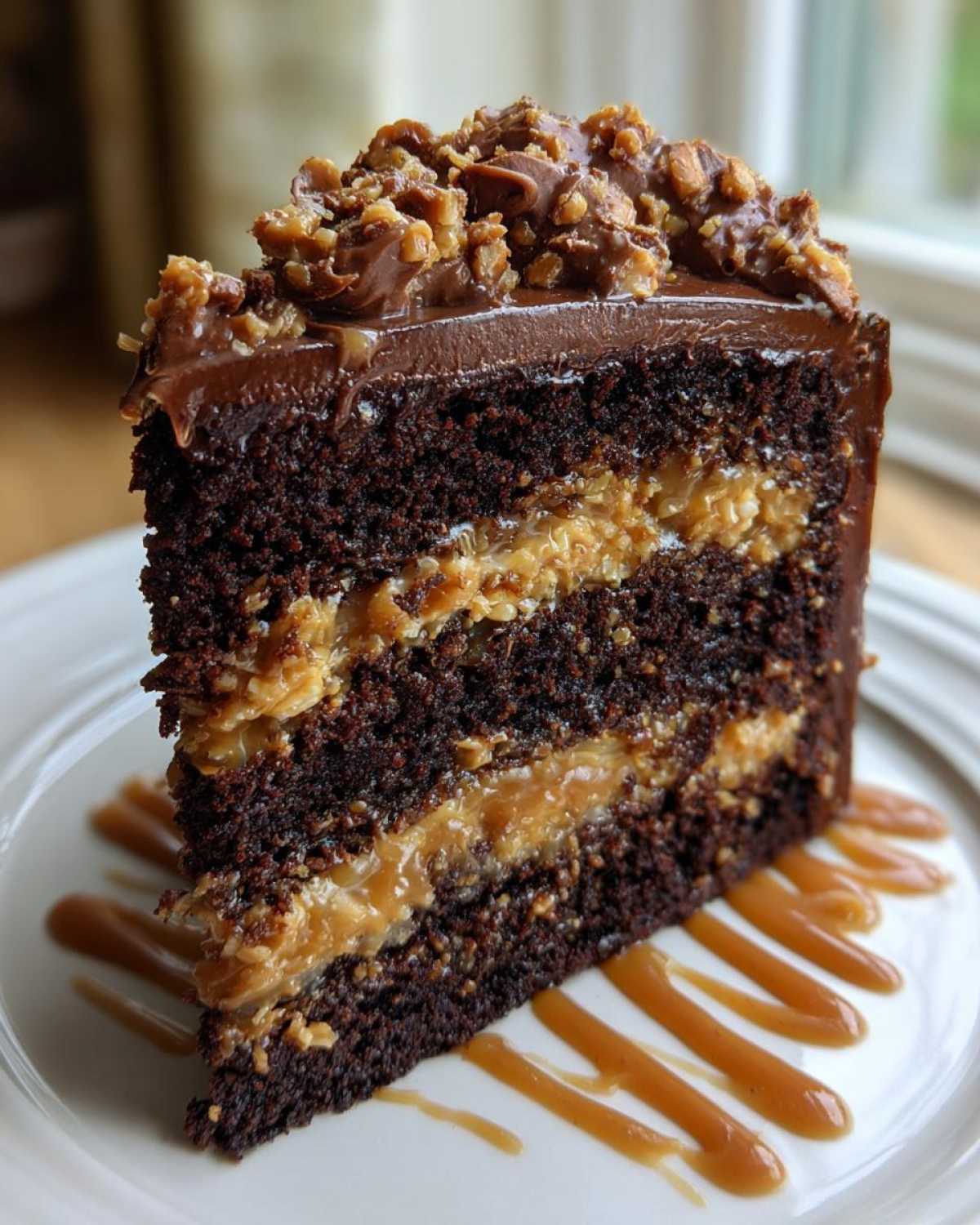A decadent slice of chocolate caramel toffee crunch cake showing three layers of dark chocolate cake and caramel filling.