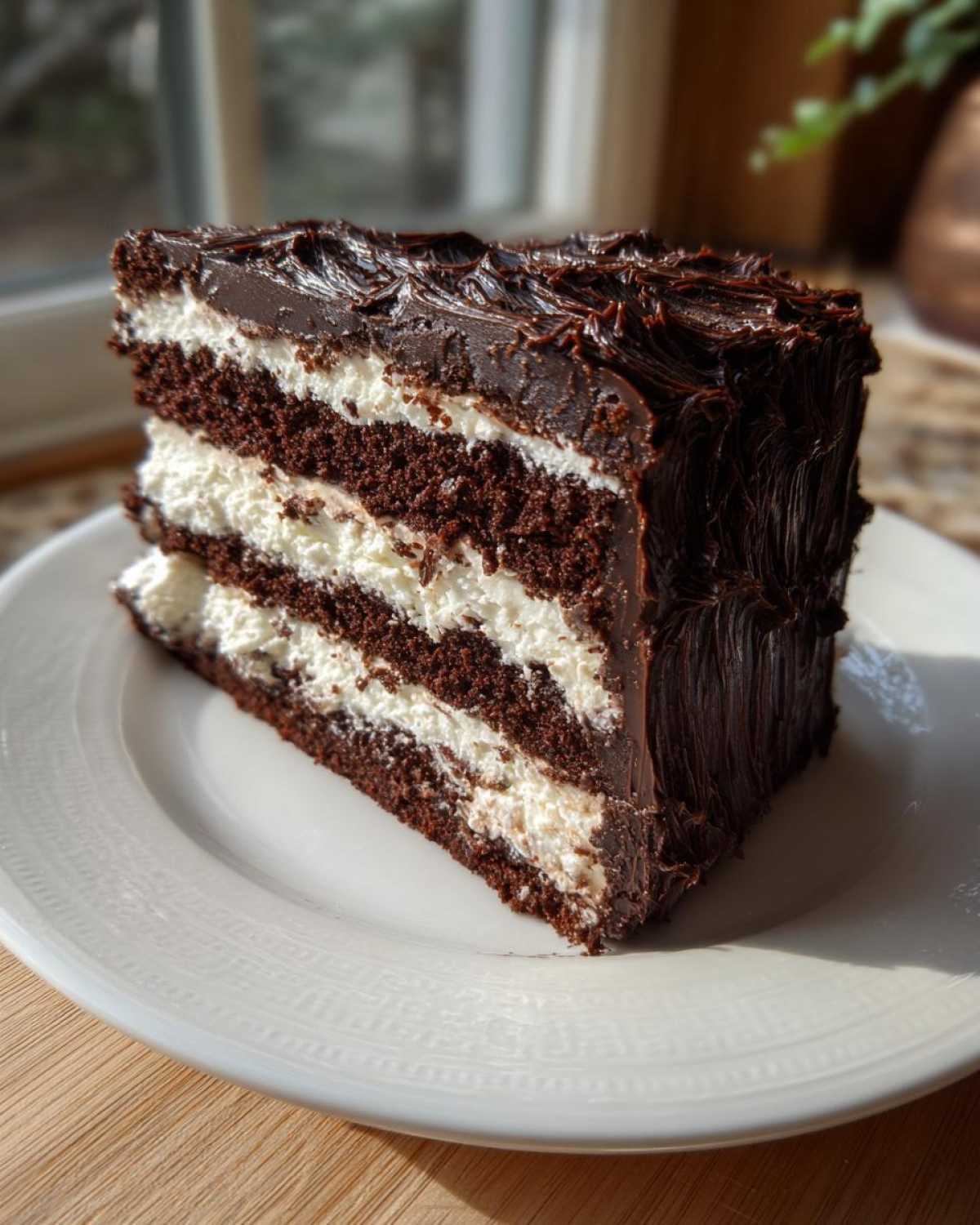 A generous slice of multi-layered chocolate yule log cake featuring dark chocolate sponge and white cream filling, covered in thick frosting.