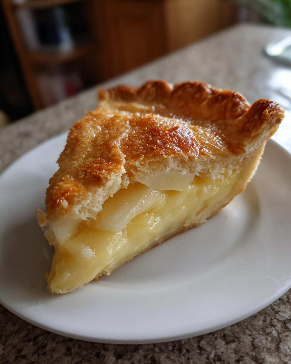 A close-up of a slice of custard pie showing a thick, creamy yellow filling and a flaky, golden-brown top crust.