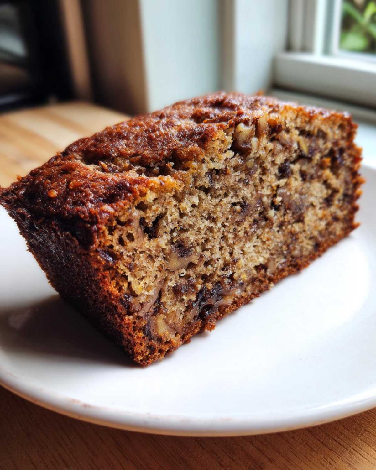 Close-up of a moist slice of date nut bread showing visible nuts and dark fruit pieces on a white plate.