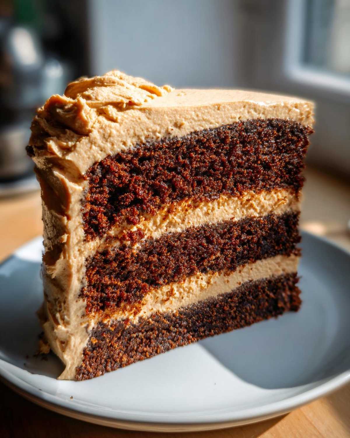 A tall slice of rich, dark gingerbread latte cake showing three layers separated by coffee-colored frosting.