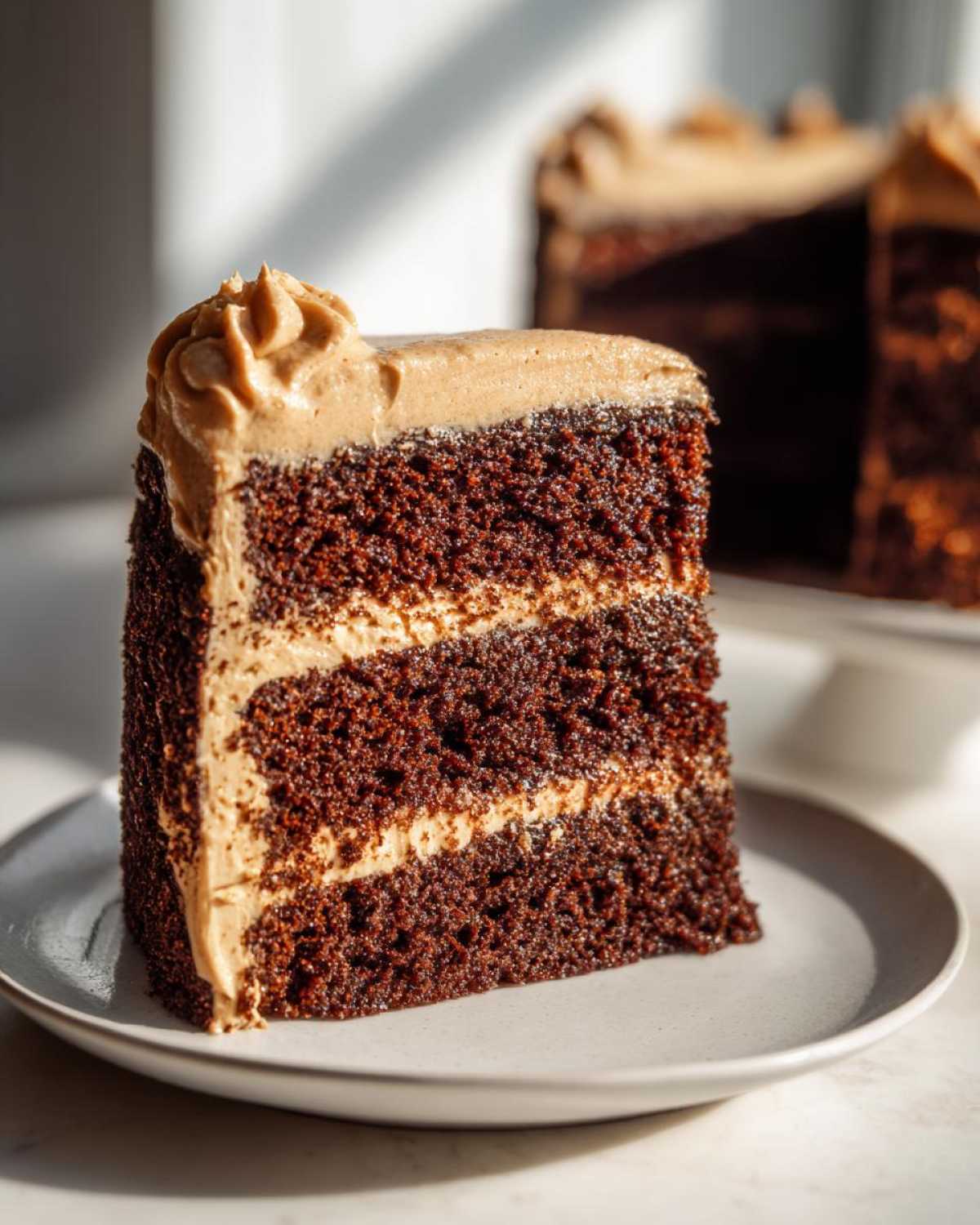 Close-up of a tall slice of three-layer gingerbread latte cake with rich brown layers and light brown coffee frosting.