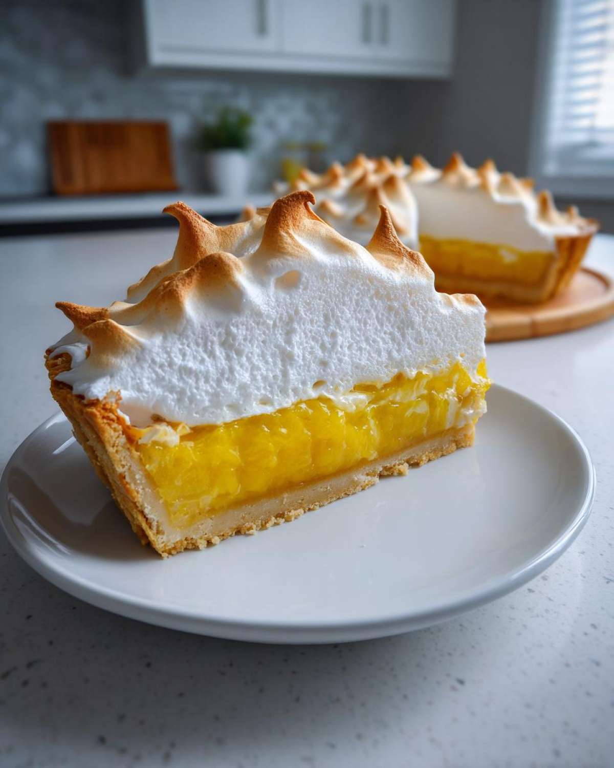 A close-up slice of lemon meringue pie showing bright yellow filling, crust, and tall, torched meringue peaks.