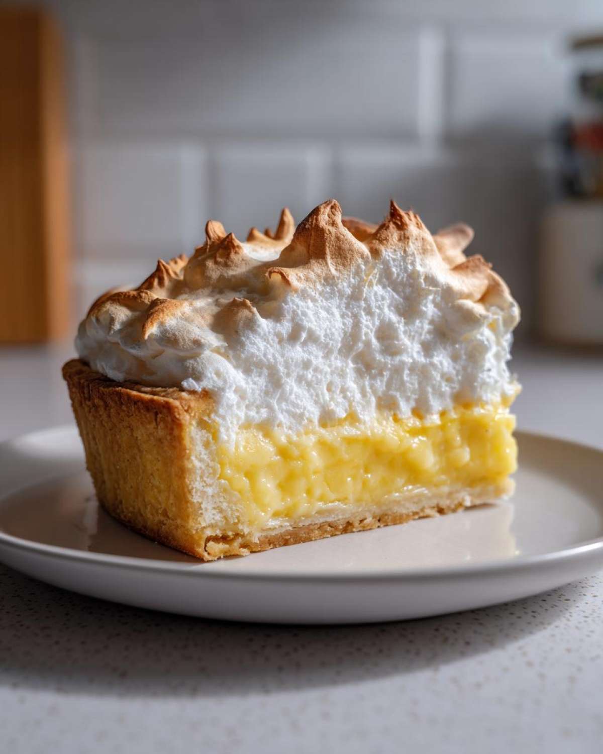 A thick slice of lemon meringue pie showing a golden crust, bright yellow lemon filling, and fluffy, torched meringue topping.