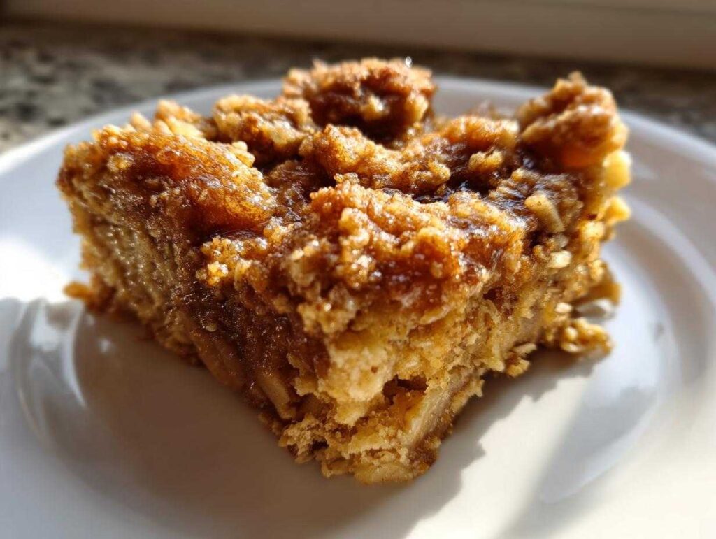 Close-up of a square slice of moist baked oatmeal with a rich, caramelized crumb topping on a white plate.