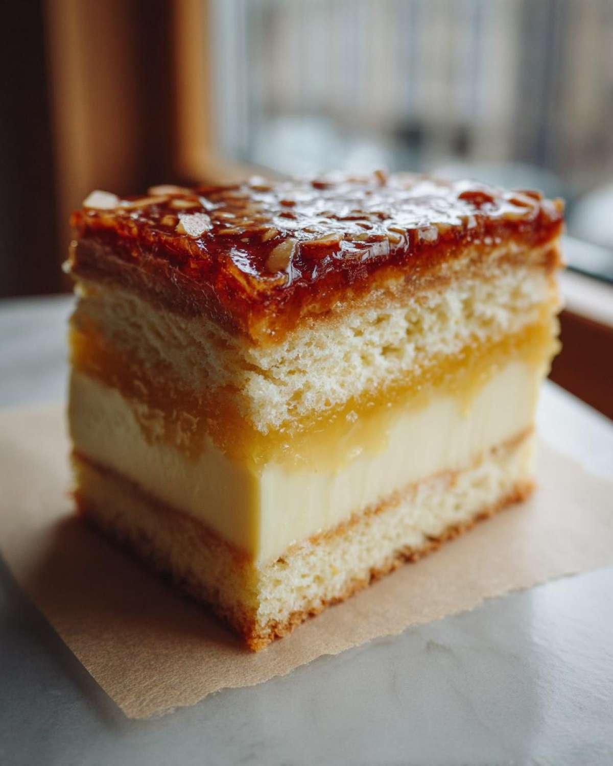 A square slice of delicious bee sting cake showing three distinct layers: sponge cake, creamy filling, and a glossy almond caramel topping.