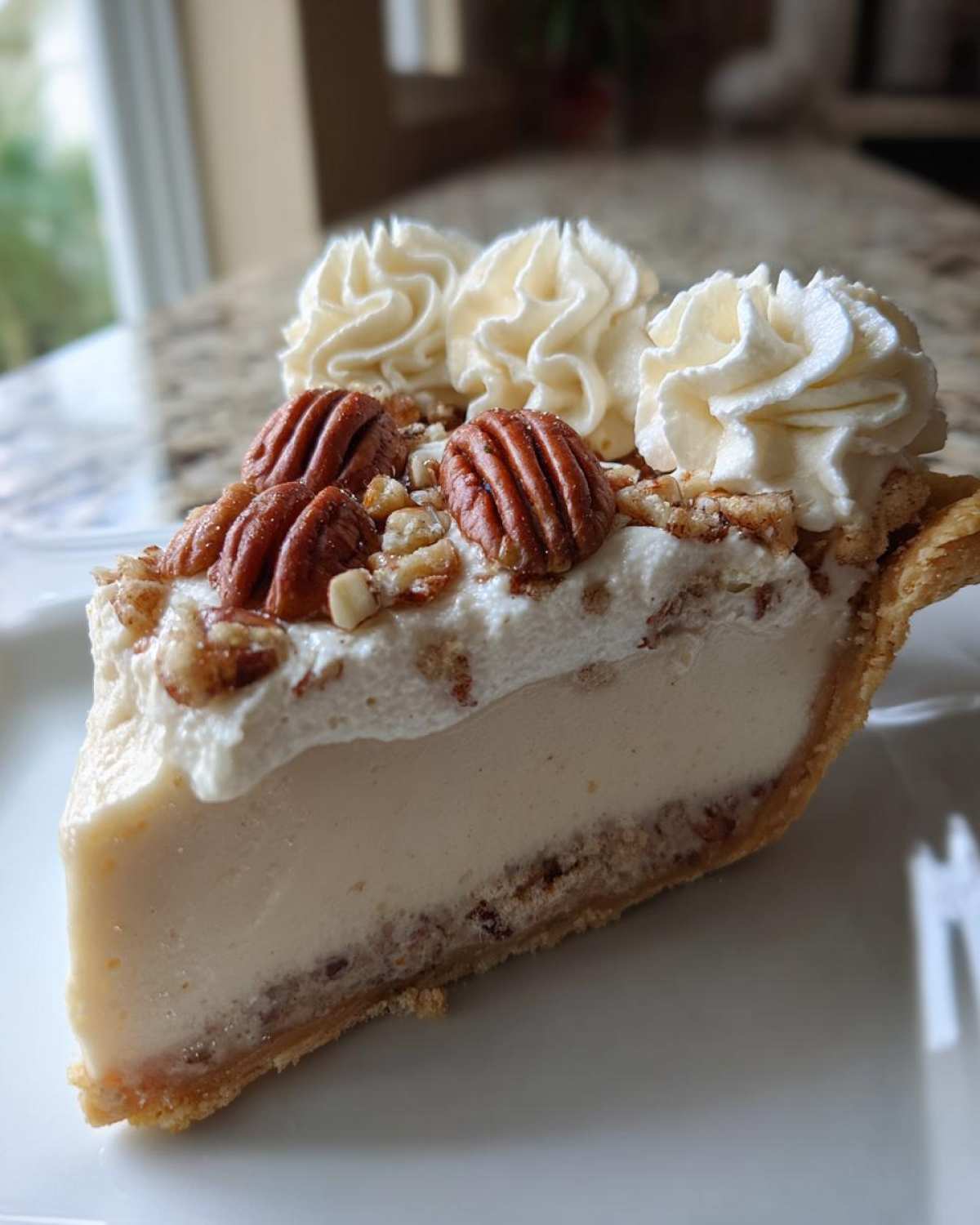 A close-up slice of pecan cream pie showing a thick, creamy filling, crust, and whipped topping garnished with pecans.