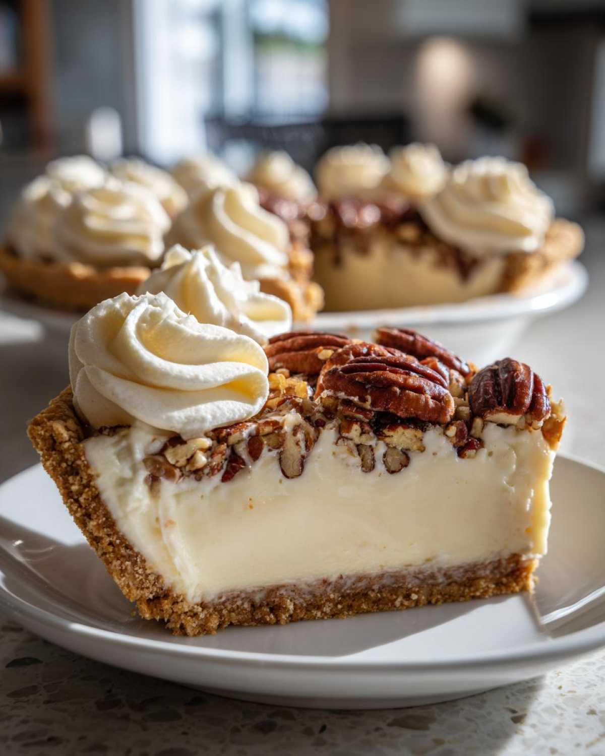 A close-up slice of creamy pecan cream pie on a white plate, topped with pecans and whipped cream.