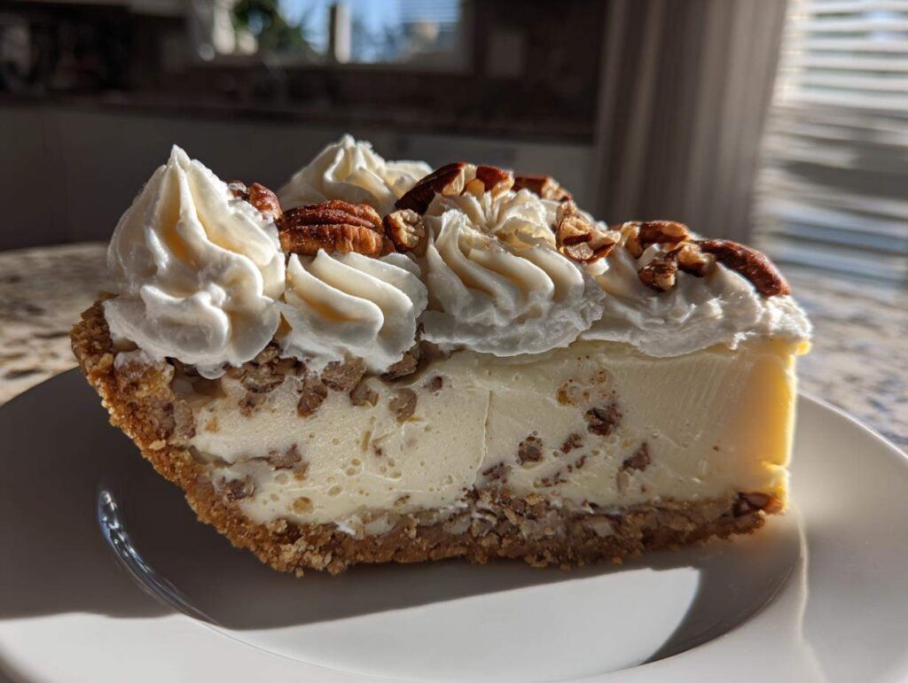 A decadent slice of pecan cream pie featuring a creamy filling, pecan crust, and swirls of whipped cream topped with pecans.