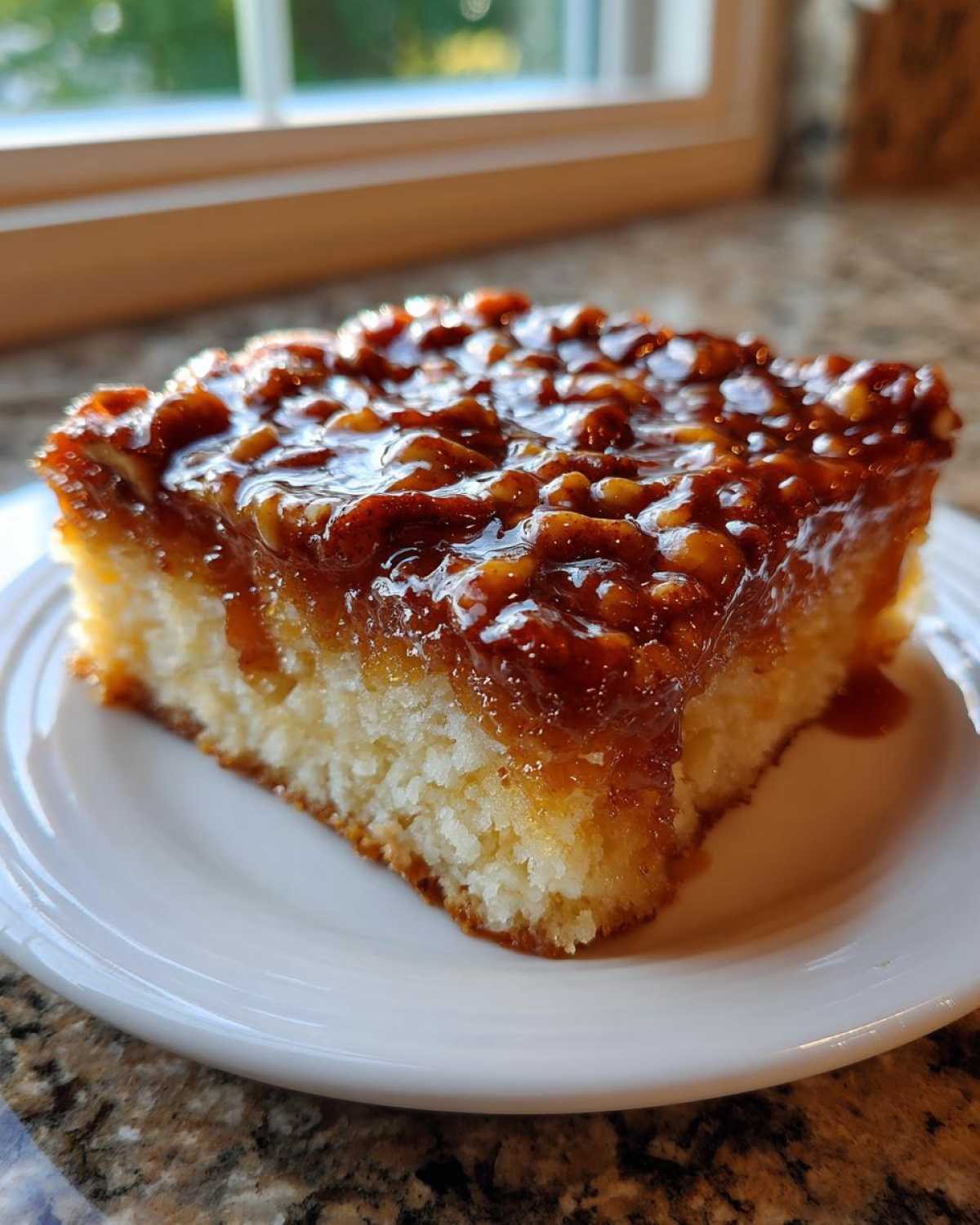 A moist slice of pecan upside down cake with a thick, gooey caramel pecan topping on a white plate.