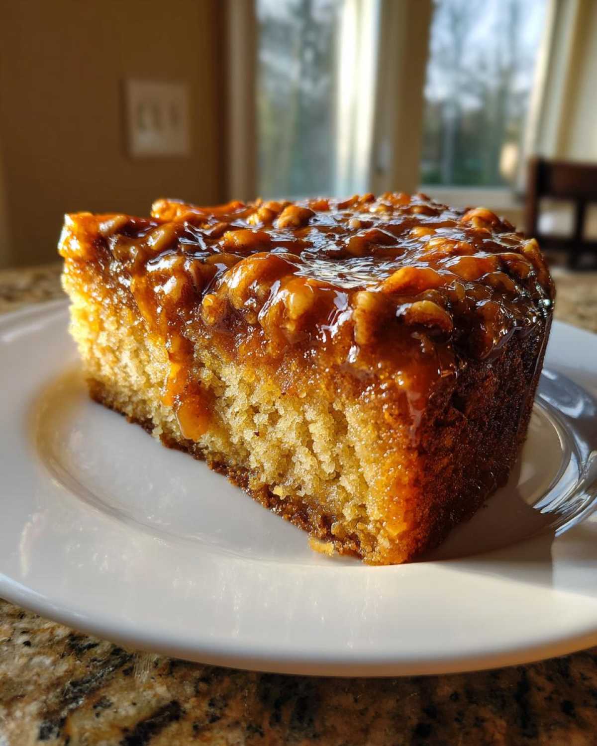 A moist slice of pecan upside down cake featuring a glossy, rich caramel and pecan topping, served on a white plate.