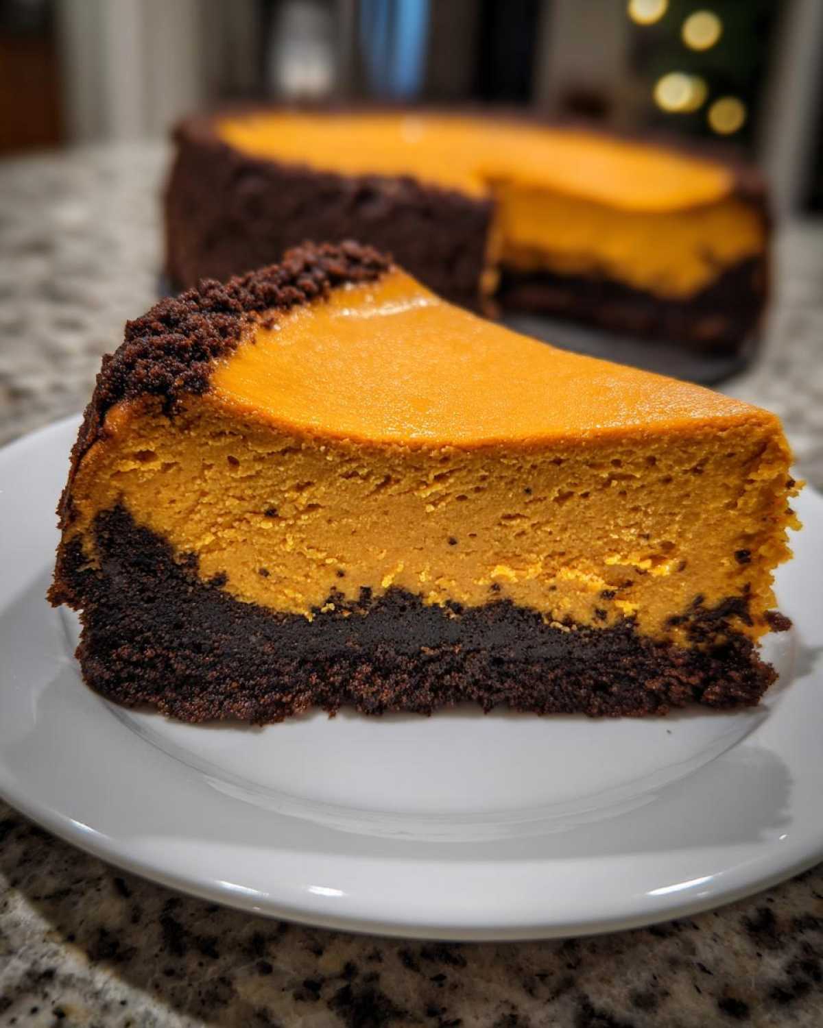 A close-up slice of vibrant orange sweet potato cheesecake resting on a white plate, featuring a dark chocolate crust.