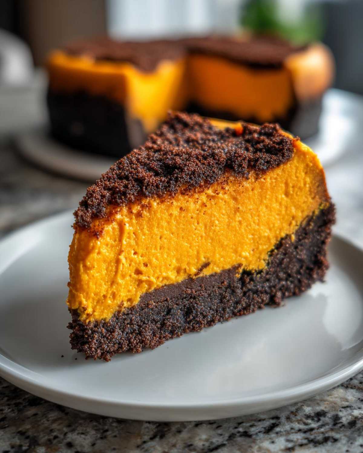 Close-up of a slice of vibrant orange sweet potato cheesecake with a dark chocolate crust and crumb topping.