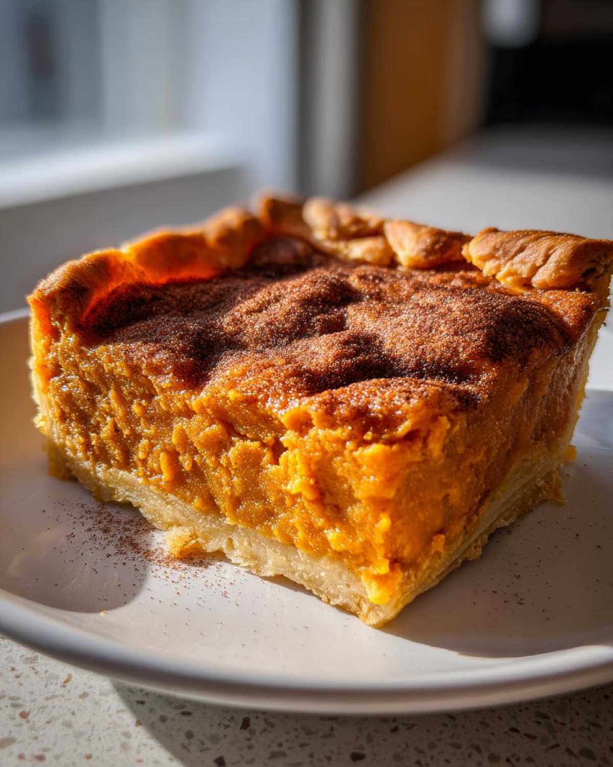 A thick slice of bright orange sweet potato cobbler with a flaky crust and heavy cinnamon sugar topping.