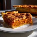 A thick slice of sweet potato cobbler with a rich orange filling and a cinnamon-sugar crust on a white plate.